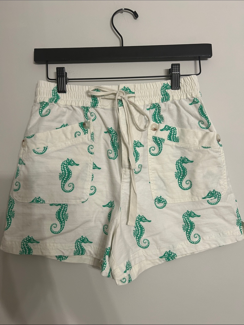 Maeve Anthropologie White High-Waist Shorts with Green Seahorse Print